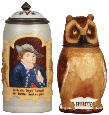 Two Mettlach steins, 1.0L, 1759, relief & tapestry, inlaid lid, interior glaze browning, small chip on base; with, .5L, 2036, Character, Owl, stoneware lid has a good repair.