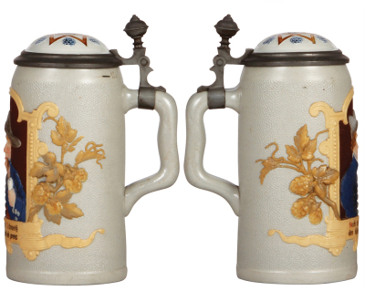 Two Mettlach steins, 1.0L, 1759, relief & tapestry, inlaid lid, interior glaze browning, small chip on base; with, .5L, 2036, Character, Owl, stoneware lid has a good repair. - 2