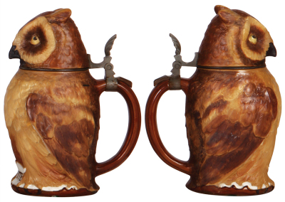 Two Mettlach steins, 1.0L, 1759, relief & tapestry, inlaid lid, interior glaze browning, small chip on base; with, .5L, 2036, Character, Owl, stoneware lid has a good repair. - 3