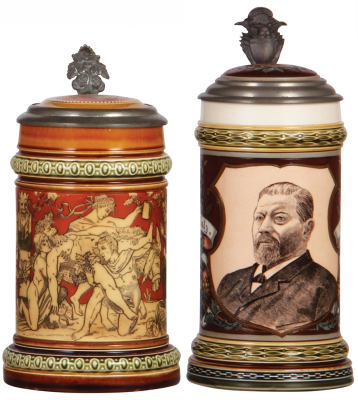 Two Mettlach steins, .5L, 2035, etched, inlaid lid, mint; with, .5L, 1997, etched & PUG, George Ehret Brewer, inlaid lid, mint.