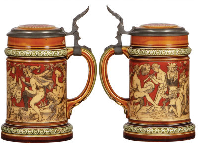 Two Mettlach steins, .5L, 2035, etched, inlaid lid, mint; with, .5L, 1997, etched & PUG, George Ehret Brewer, inlaid lid, mint. - 2