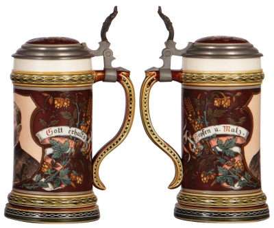 Two Mettlach steins, .5L, 2035, etched, inlaid lid, mint; with, .5L, 1997, etched & PUG, George Ehret Brewer, inlaid lid, mint. - 3