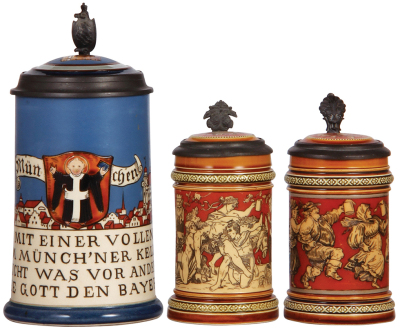 Three Mettlach steins, 1.0L, 2002, etched, inlaid lid, cracks in rear & handle repaired poorly; with, .3L, 2035, etched, inlaid lid, crack in rear; with, .3L, 2057, etched, inlaid lid, tight hairlines in body & inlay cracked & chipped.
