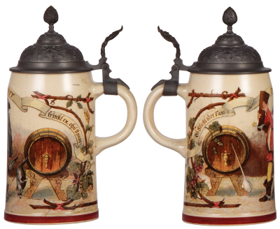 Two Mettlach steins, .5L, 941[2140], PUG, pewter lid, mint; with, .5L, 983[1909], PUG, pewter lid, mint. - 3