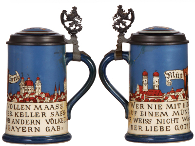 Three Mettlach steins, 1.0L, 2002, etched, inlaid lid, cracks in rear & handle repaired poorly; with, .3L, 2035, etched, inlaid lid, crack in rear; with, .3L, 2057, etched, inlaid lid, tight hairlines in body & inlay cracked & chipped. - 2