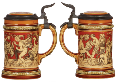 Three Mettlach steins, 1.0L, 2002, etched, inlaid lid, cracks in rear & handle repaired poorly; with, .3L, 2035, etched, inlaid lid, crack in rear; with, .3L, 2057, etched, inlaid lid, tight hairlines in body & inlay cracked & chipped. - 3