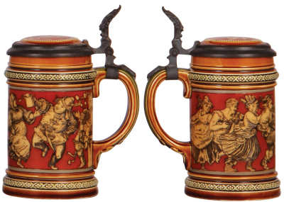 Three Mettlach steins, 1.0L, 2002, etched, inlaid lid, cracks in rear & handle repaired poorly; with, .3L, 2035, etched, inlaid lid, crack in rear; with, .3L, 2057, etched, inlaid lid, tight hairlines in body & inlay cracked & chipped. - 4