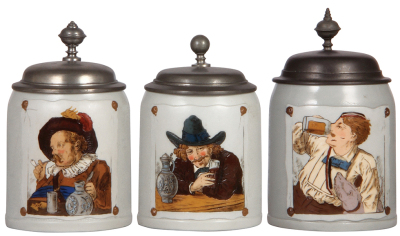 Three Mettlach stein, .5L, etched, tapestry, 1641, 1642 & 1643, pewter lids, mint.