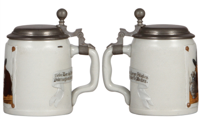 Three Mettlach stein, .5L, etched, tapestry, 1641, 1642 & 1643, pewter lids, mint. - 3