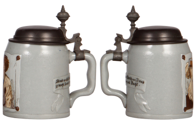 Three Mettlach stein, .5L, etched, tapestry, 1641, 1642 & 1643, pewter lids, mint. - 4