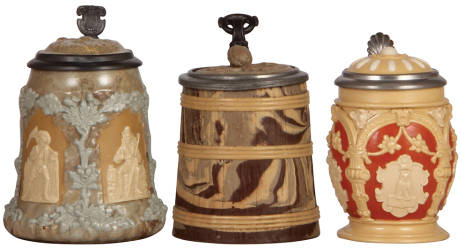 Three Mettlach steins, .5L, 1467, relief, inlaid lid, mint; with, .5L, 468, relief, inlaid lid, mint; with, .3L, 2077, relief, inlaid lid, mint.