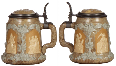 Three Mettlach steins, .5L, 1467, relief, inlaid lid, mint; with, .5L, 468, relief, inlaid lid, mint; with, .3L, 2077, relief, inlaid lid, mint. - 2