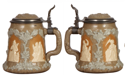 Three Mettlach steins, .5L, 1467, relief, inlaid lid, mint; with, .5, 675, relief, inlaid lid, mint; with, .25L, 171, relief, inlaid lid, mint. - 2