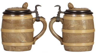 Three Mettlach steins, .5L, 1467, relief, inlaid lid, mint; with, .5, 675, relief, inlaid lid, mint; with, .25L, 171, relief, inlaid lid, mint. - 3