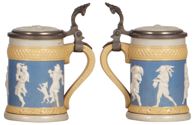 Three Mettlach steins, .5L, 1467, relief, inlaid lid, mint; with, .5, 675, relief, inlaid lid, mint; with, .25L, 171, relief, inlaid lid, mint. - 4