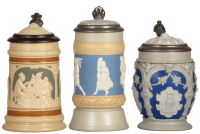 Three Mettlach steins, .3L, 2251, relief, inlaid lid, mint; with, .25L, 1100, relief, inlaid lid, mint; with, .3L, 2077, relief, inlaid lid, mint.