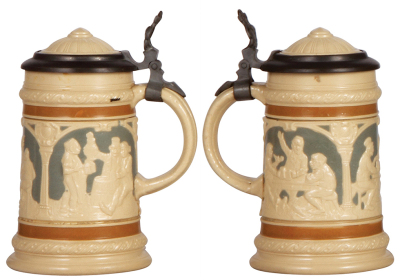 Three Mettlach steins, .3L, 2251, relief, inlaid lid, mint; with, .25L, 1100, relief, inlaid lid, mint; with, .3L, 2077, relief, inlaid lid, mint. - 2