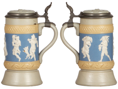 Three Mettlach steins, .3L, 2251, relief, inlaid lid, mint; with, .25L, 1100, relief, inlaid lid, mint; with, .3L, 2077, relief, inlaid lid, mint. - 3