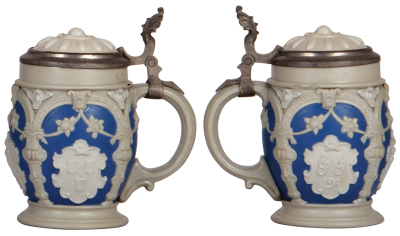 Three Mettlach steins, .3L, 2251, relief, inlaid lid, mint; with, .25L, 1100, relief, inlaid lid, mint; with, .3L, 2077, relief, inlaid lid, mint. - 4