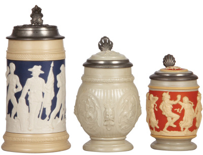Three Mettlach steins, .5L, 2278, relief, 4F relief pewter lid, flake; with, .5L, 1894, inlaid lid, mint; with, .25L, 2086, relief, inlaid lid, slight pewter tears, otherwise mint.