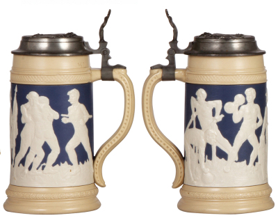 Three Mettlach steins, .5L, 2278, relief, 4F relief pewter lid, flake; with, .5L, 1894, inlaid lid, mint; with, .25L, 2086, relief, inlaid lid, slight pewter tears, otherwise mint. - 2