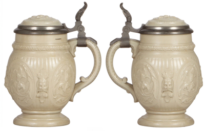 Three Mettlach steins, .5L, 2278, relief, 4F relief pewter lid, flake; with, .5L, 1894, inlaid lid, mint; with, .25L, 2086, relief, inlaid lid, slight pewter tears, otherwise mint. - 3