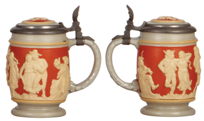 Three Mettlach steins, .5L, 2278, relief, 4F relief pewter lid, flake; with, .5L, 1894, inlaid lid, mint; with, .25L, 2086, relief, inlaid lid, slight pewter tears, otherwise mint. - 4