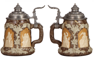 Three Mettlach steins, .5L, relief, 1467, 2943, 1370, first has a pewter lid, others have inlaid lids, all mint. - 2