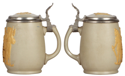 Three Mettlach steins, .5L, relief, 1467, 2943, 1370, first has a pewter lid, others have inlaid lids, all mint. - 3