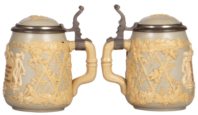Three Mettlach steins, .5L, relief, 1467, 2943, 1370, first has a pewter lid, others have inlaid lids, all mint. - 4