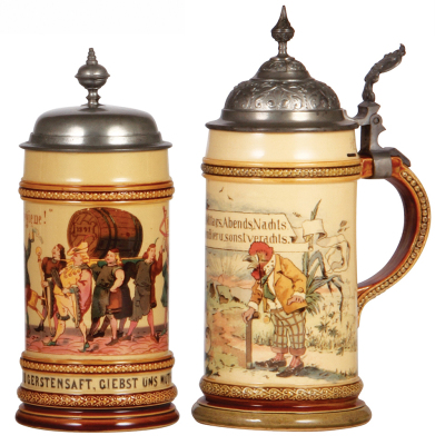 Two Mettlach steins, .5L, 678 [280], PUG, pewter lid, mint; with, .5L, 942 [2140], PUG, pewter lid, mint.