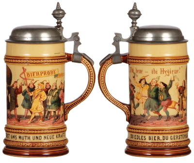 Two Mettlach steins, .5L, 678 [280], PUG, pewter lid, mint; with, .5L, 942 [2140], PUG, pewter lid, mint. - 2