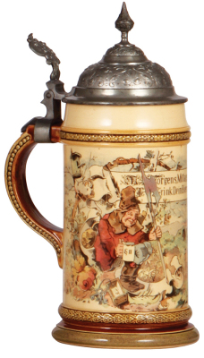 Two Mettlach steins, .5L, 678 [280], PUG, pewter lid, mint; with, .5L, 942 [2140], PUG, pewter lid, mint. - 3