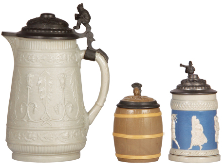 Three Mettlach steins, 1.3L, 813, relief, pewter lid, mint; with, .25L, 675, relief, inlaid lid, mint; with, .25L, 171, relief, pewter lid, mint.