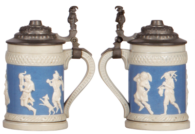 Three Mettlach steins, 1.3L, 813, relief, pewter lid, mint; with, .25L, 675, relief, inlaid lid, mint; with, .25L, 171, relief, pewter lid, mint. - 4