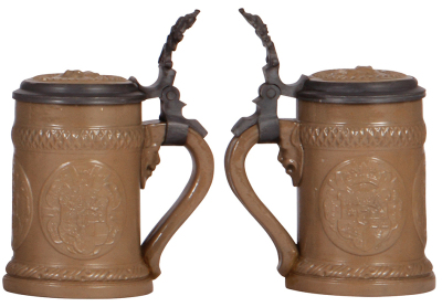 Three Mettlach steins, .5L, relief, tree trunk, inlaid lid, firing lines; with, .5L, 216, tree trunk, inlaid lid, chip on a vine; with, .3L, 1100, relief, inlaid lid, old repair on bottom of handle. - 4