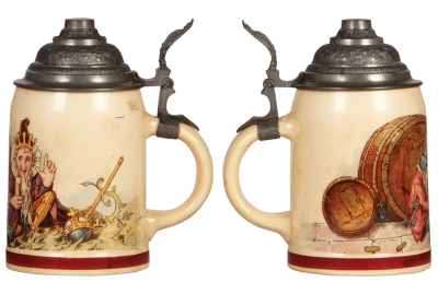 Two Mettlach steins, .5L, 1010 [1909], PUG, pewter lid, mint; with, .5L, 1101 [1526], PUG, pewter lid, mint. - 2