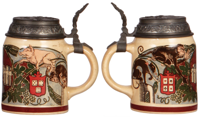 Two Mettlach steins, .5L, 1010 [1909], PUG, pewter lid, mint; with, .5L, 1101 [1526], PUG, pewter lid, mint. - 3