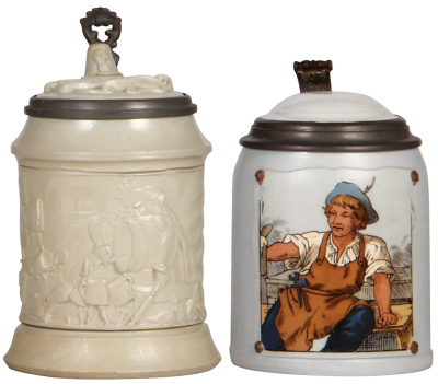 Two Mettlach steins, .5L, 328, relief, inlaid lid, small base flake; with, .5L, 1662, tapestry, inlaid lid, flake on bottom.