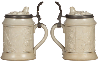 Two Mettlach steins, .5L, 328, relief, inlaid lid, small base flake; with, .5L, 1662, tapestry, inlaid lid, flake on bottom. - 2