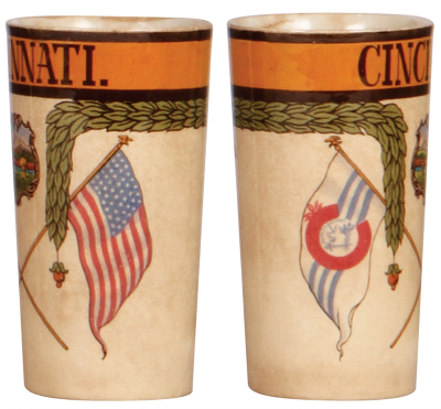 Two Mettlach beakers, .25L, 1302 [2327], PUG, mint; with, .25L, 1200 [2327], Cincinnati, PUG, 3" hairline, browning. - 3