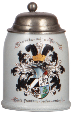 Mettlach stein, .5L, 1526, transfer & hand-painted, Borussia Sei's Panier!, pewter lid, inscription dated 1912, pewter tear & uneven patina.