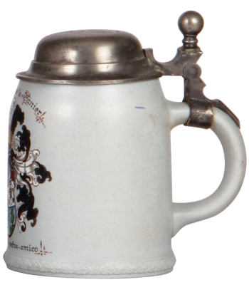Mettlach stein, .5L, 1526, transfer & hand-painted, Borussia Sei's Panier!, pewter lid, inscription dated 1912, pewter tear & uneven patina. - 2