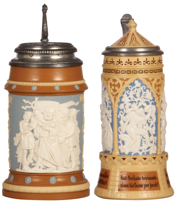 Two Mettlach stein, .5L, 202, relief, pewter lid; with .5L, 228, inlaid lid, both mint.