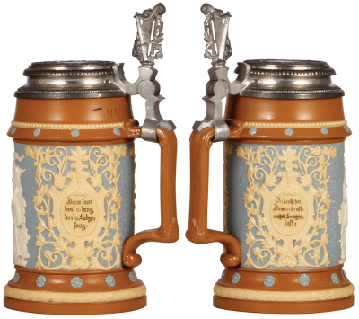 Two Mettlach stein, .5L, 202, relief, pewter lid; with .5L, 228, inlaid lid, both mint. - 2