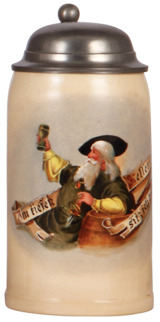 Mettlach stein, .5L, 1909, by v. H. Bonn, hand-painted, Im tiefen Keller sitz ich hier, pewter lid, mint.