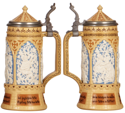 Two Mettlach stein, .5L, 202, relief, pewter lid; with .5L, 228, inlaid lid, both mint. - 3