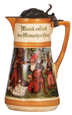 Mettlach stein, 1.6L, 10.4" ht., 1339 [3257], PUG, pewter lid, top rim chip & hairline, hairline handle.