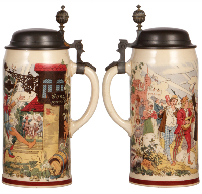 Two Mettlach steins, 2.0L, 12.7" ht., 941 [1526], PUG, pewter lid, thumblift repaired with screw, browning; with, 3.0L, 14.0" ht., 702 [1526], PUG, pewter lid, thumblift is good new replacement, body mint. - 3