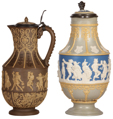 Two Mettlach steins, 3.2L, 14.5" ht., 171, early ware, relief, inlaid lid, finial repaired, excellent details; with, 4.1L, 15.8" ht., 2085, relief, inlaid lid, mint.